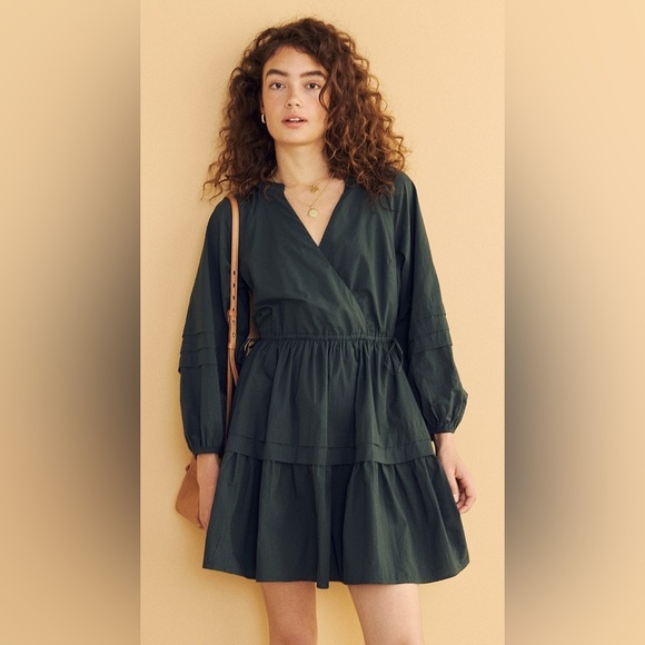 Madewell Long Sleeve Mini Dress Poplin Cotton Wrap Green Casual Quiet Luxury - Picture 3 of 13